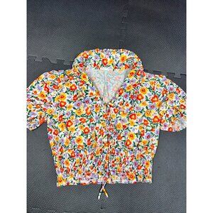 Floral Drawstring Crop Top Blouse By S.C. Society XL Short Puff Sleeves Lightwei